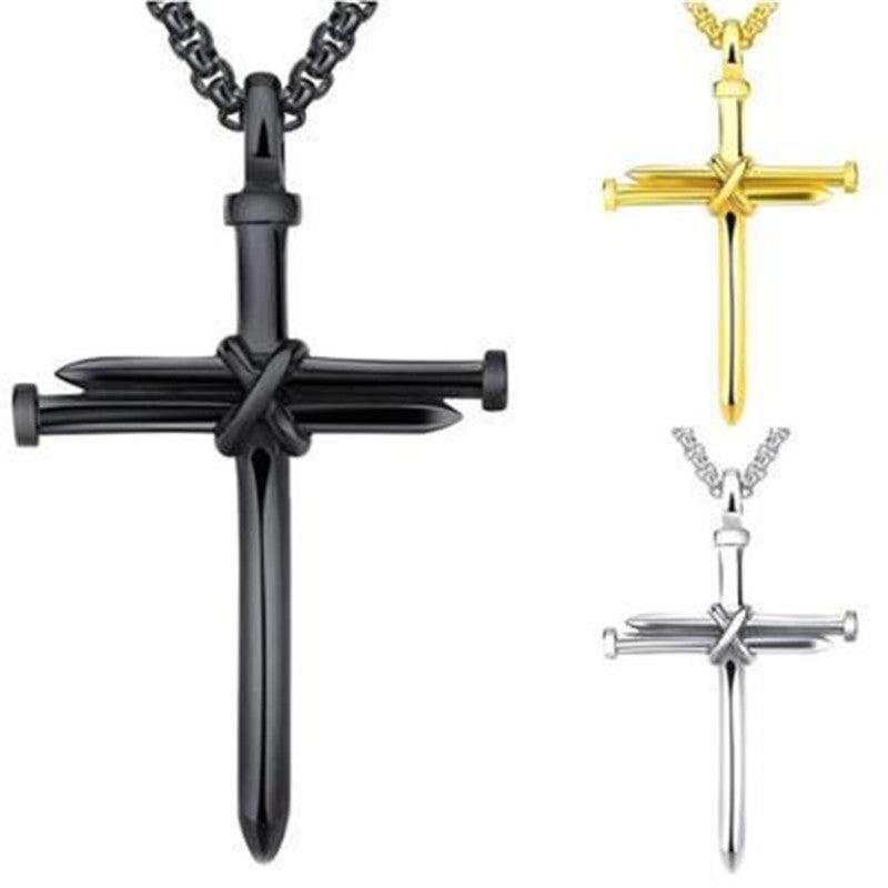 Steel Gold Black Color Fashion Mens Iron Nail Cross Pendant Necklace Stainless Steel 3mm Round Box Chain Jewelry Gift For Men