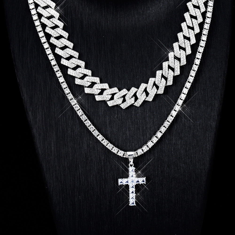 Zircon Cross Pendant Necklace Hip Hop Full Miami Curb Cuban Chain Iced out