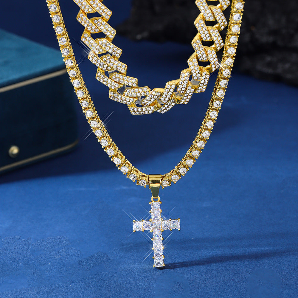 Zircon Cross Pendant Necklace Hip Hop Full Miami Curb Cuban Chain Iced out