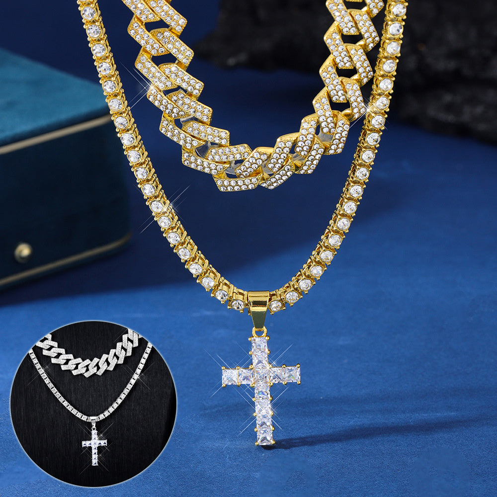 Zircon Cross Pendant Necklace Hip Hop Full Miami Curb Cuban Chain Iced out