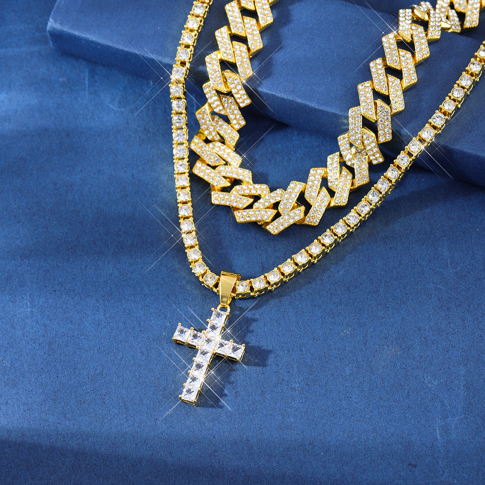 Zircon Cross Pendant Necklace Hip Hop Full Miami Curb Cuban Chain Iced out